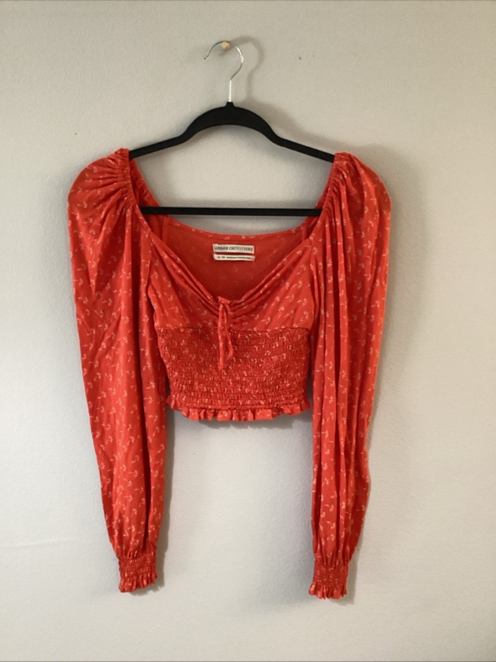 Urban Outfitters Coral-Red Smocked Long-Sleeve Crop Top